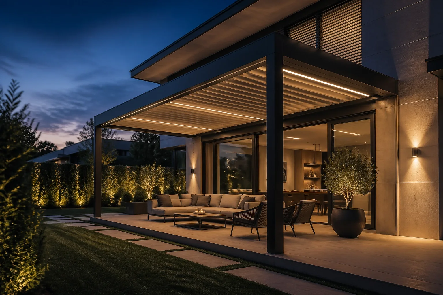 Exklusives Lamellendach in Wien mit LED-Beleuchtung für stimmungsvolles Outdoor Living am Abend.