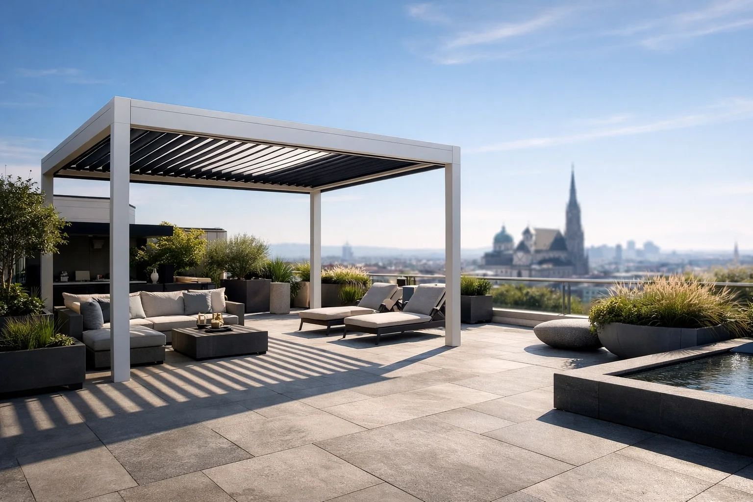 Moderne Pergola in Wien als freistehende Outdoor-Oase auf einer luxuriösen Dachterrasse.