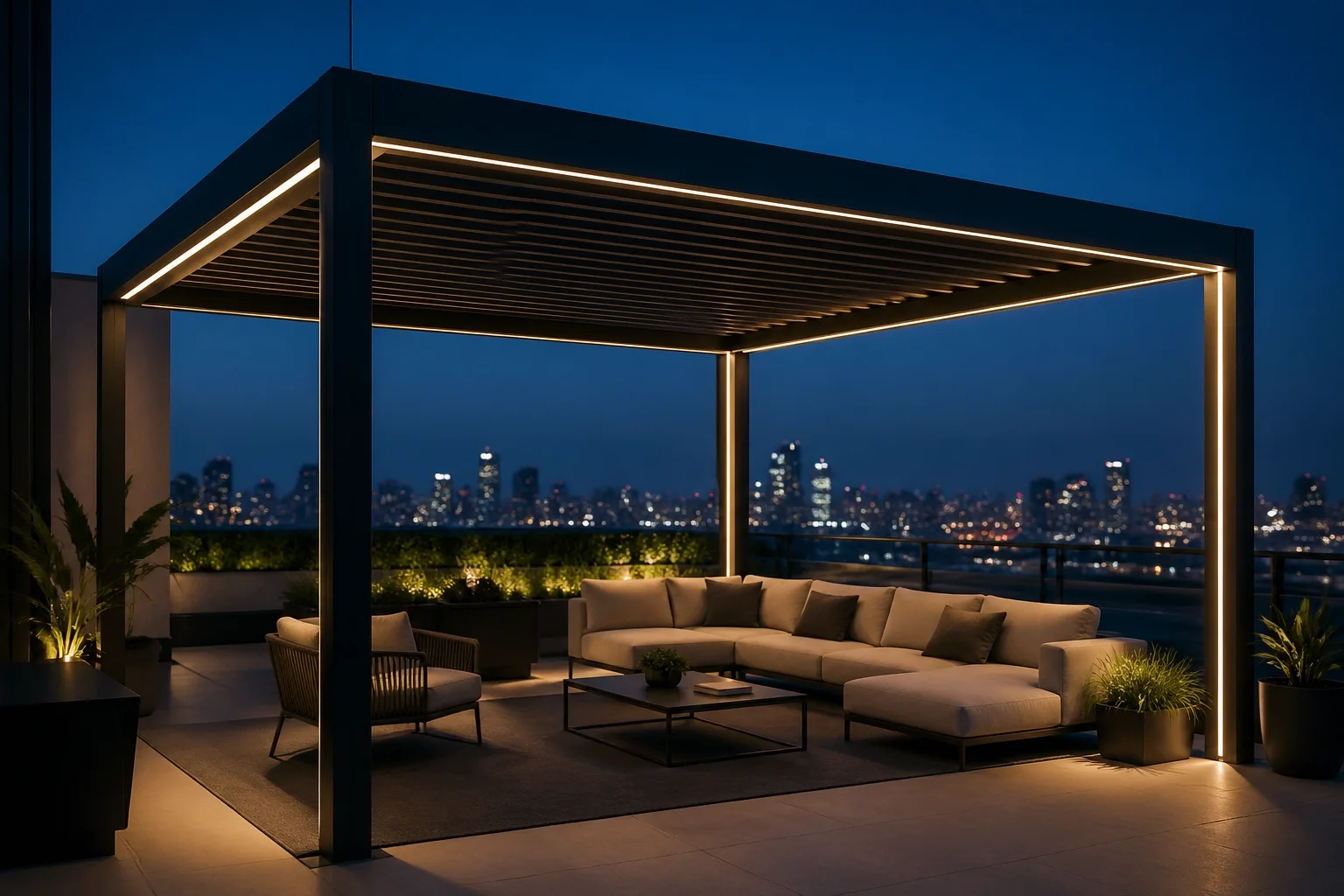 Moderne Pergola mit integrierter LED-Beleuchtung auf einer Dachterrasse in Wien.