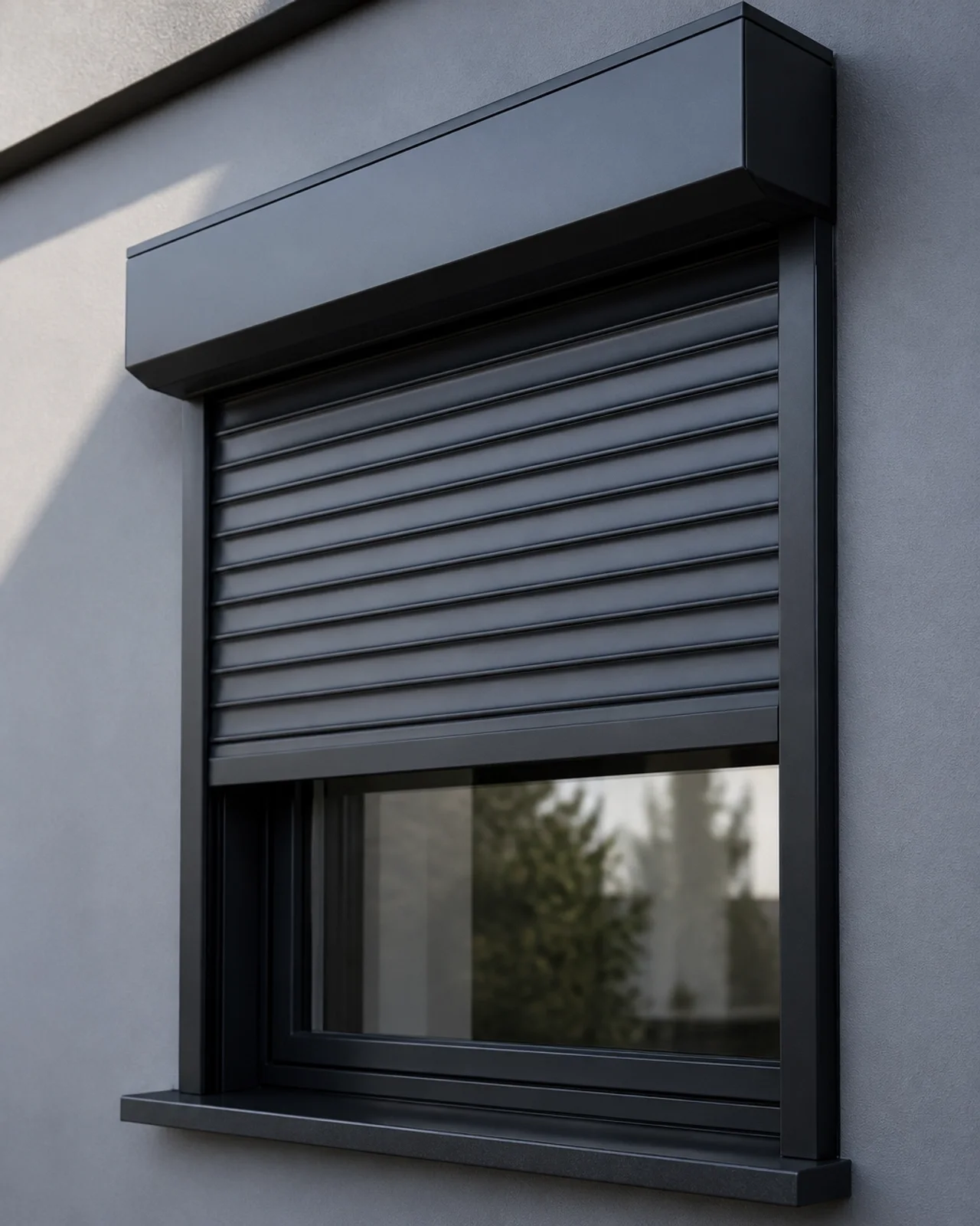 Sleeker, anthrazitfarbener Rollladen an einem modernen Fenster mit Fokus auf die Aluminium-Lamellen