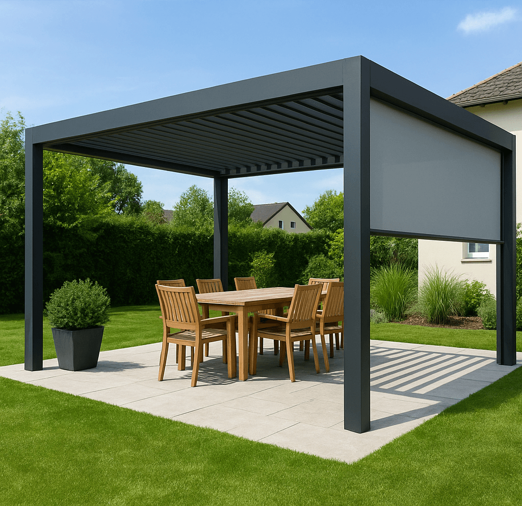 Moderne Pergola mit Lamellendach in einem gepflegten Garten in Österreich, ideal für Sonnen- und Wetterschutz.